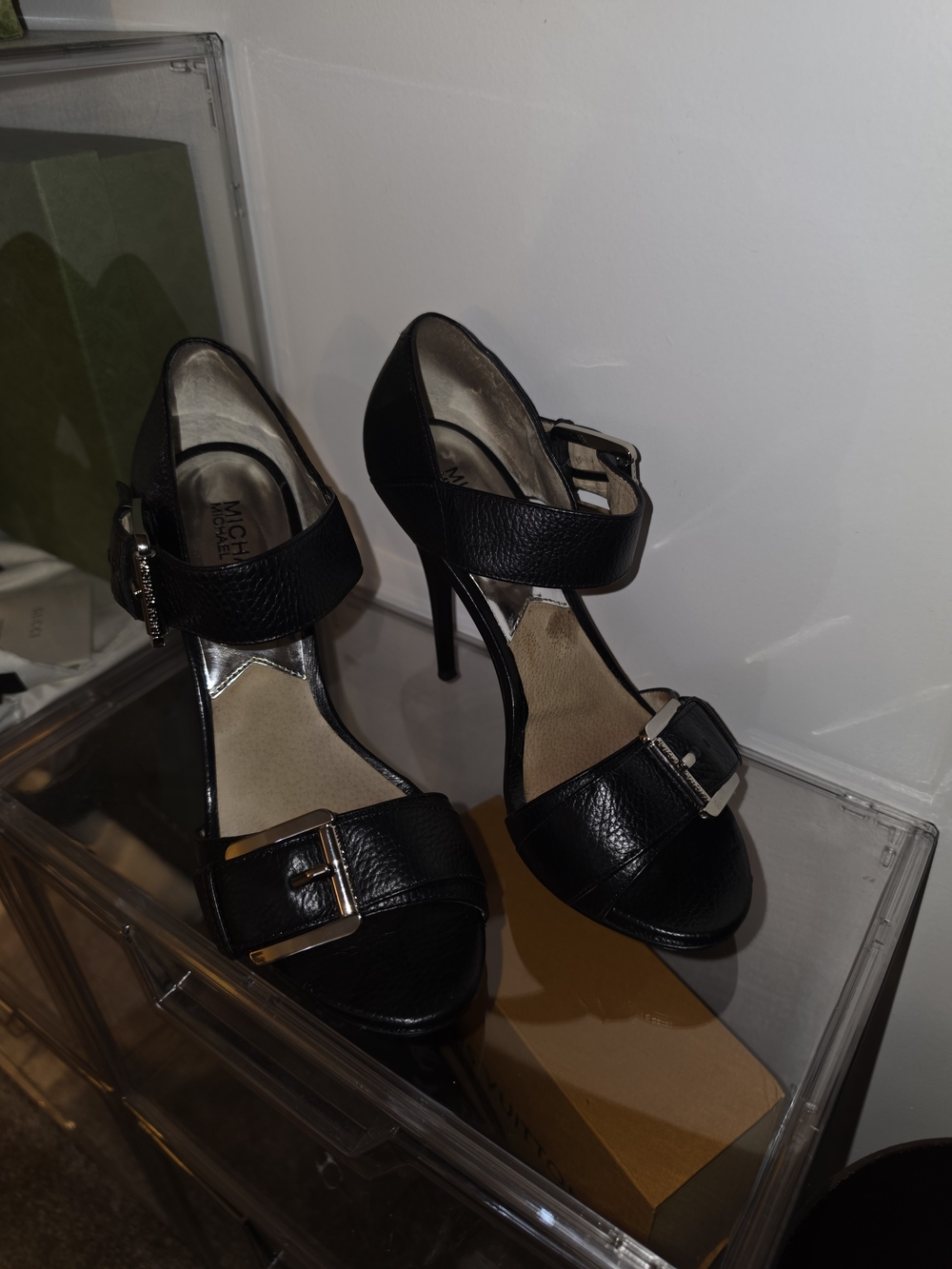 MICHAEL Michael Kors Black Leather Buckle High-Heel Sandals